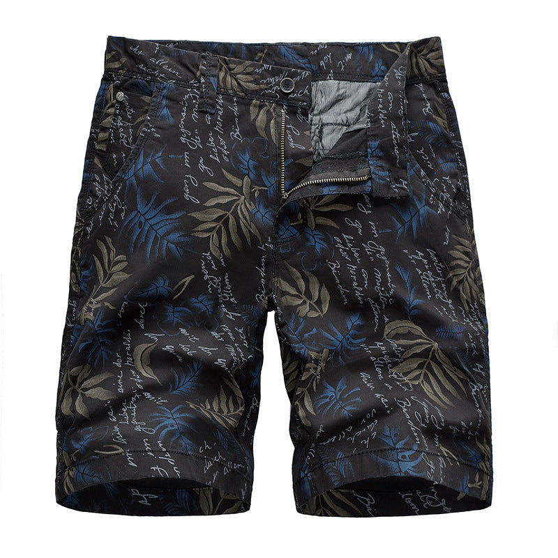 New Men's Leaves Printed Beach Shorts, close-up detail
