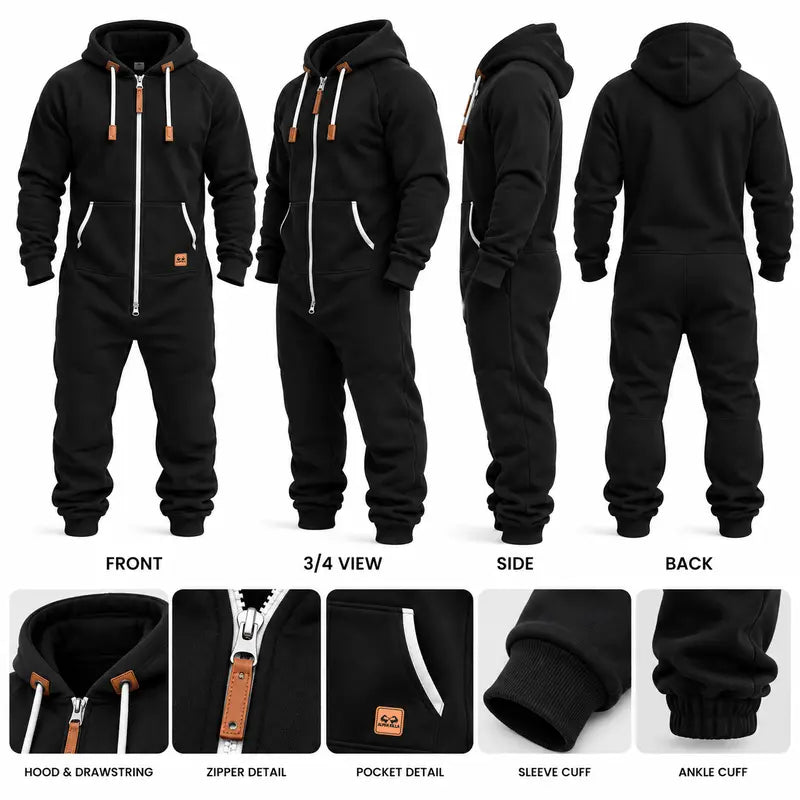 Men's Hooded Fleece Jumpsuit – Full-Zip One-Piece with Pockets, Relaxed Fit for Fall & Winter