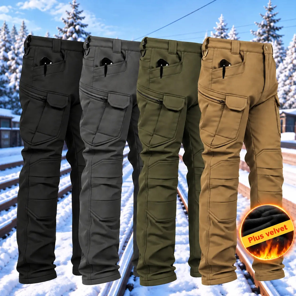 Men's Fleece-Lined Tactical Cargo Pants – Windproof Winter Hiking & Work Pants