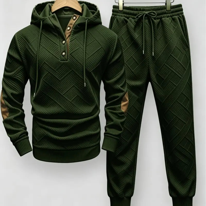 Men's Textured Knit Hooded Tracksuit Set - 2-Piece Pullover Hoodie & Drawstring Pants