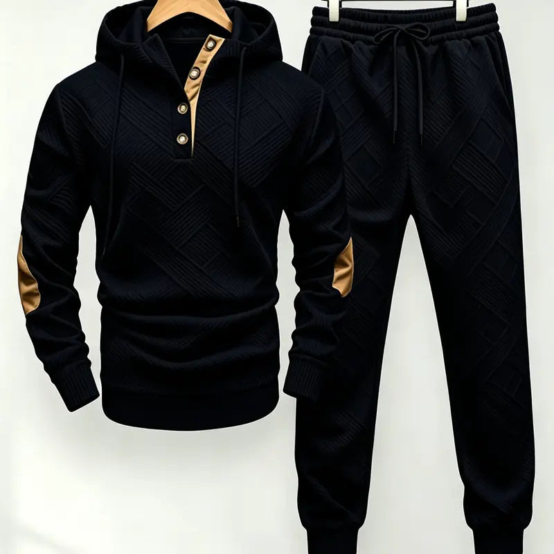 Men's Textured Knit Hooded Tracksuit Set - 2-Piece Pullover Hoodie & Drawstring Pants