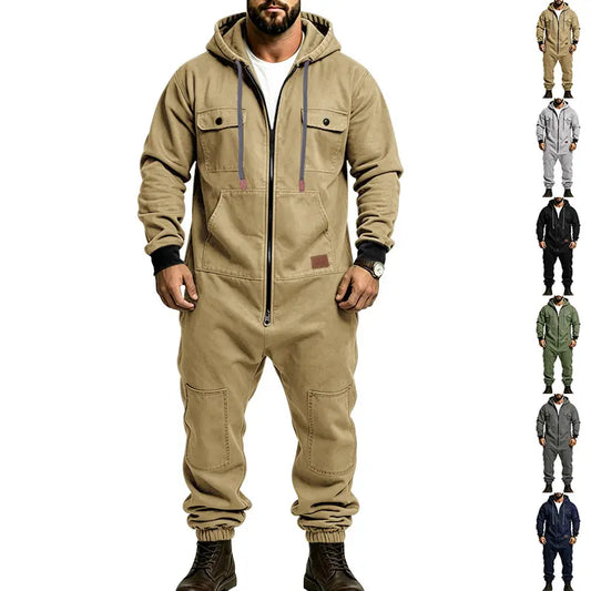 Men's Hooded Cargo Jumpsuit – Zip-Front Multi-Pocket Utility Coverall for Work & Outdoors