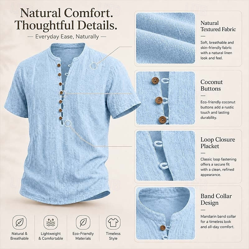 Men's Linen Short Sleeve Popover Shirt — Casual Summer Button Shirt