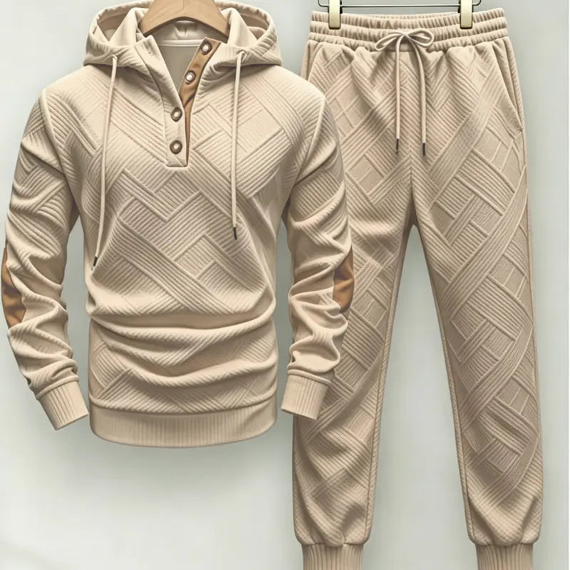Men's Textured Knit Hooded Tracksuit Set - 2-Piece Pullover Hoodie & Drawstring Pants