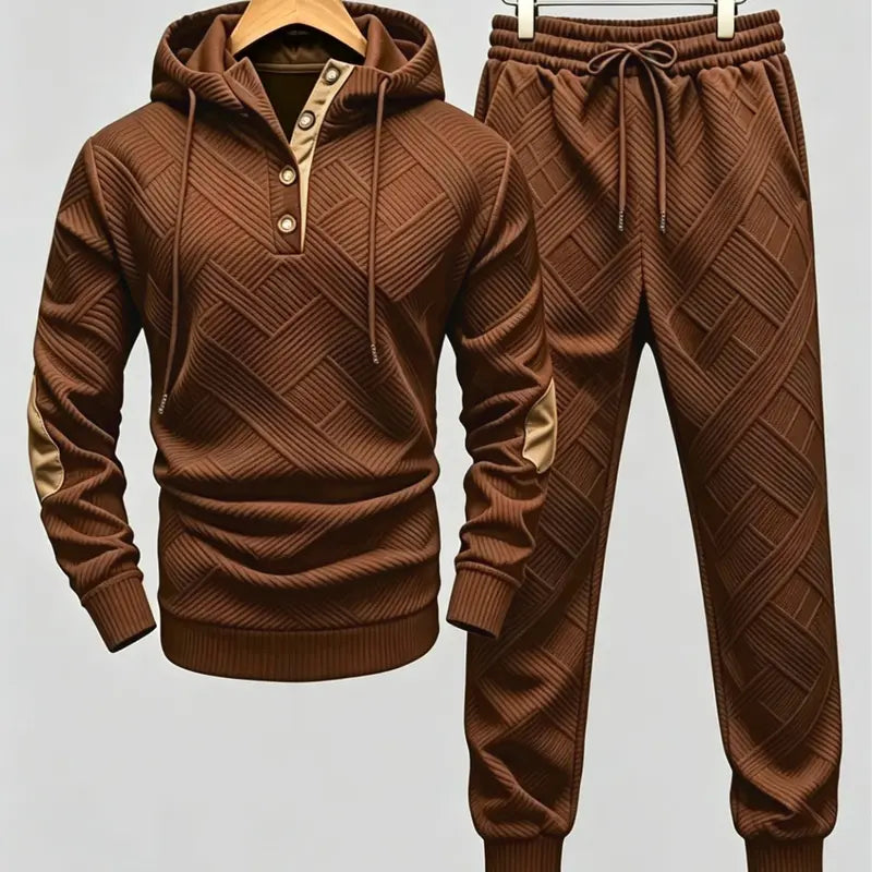 Men's Textured Knit Hooded Tracksuit Set - 2-Piece Pullover Hoodie & Drawstring Pants