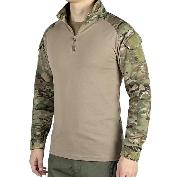 Men's Camo Half-Zip Stand Collar Long-Sleeve Top - Stretch Outdoor Layer